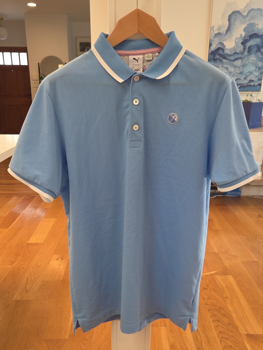 Puma Arnold Palmer Men’s Sky Blue SS Golf Polo with White Contrast Trim (M)